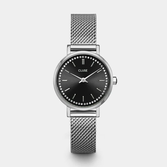 Boho Chic Petite Watch Mesh Crystals, Black, Silver Colour