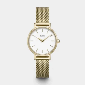 Boho Chic Petite Watch Mesh, White, Gold Colour