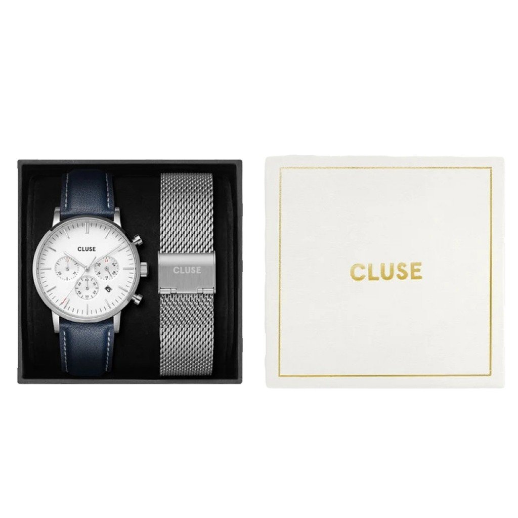 CLUSE Aravis Chrono CG21004 Blue Leather Strap Box Set