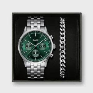 Gift Box Anthéor Multifunction Watch Steel, Green & Cuban Chain Bracelet, Silver Colour