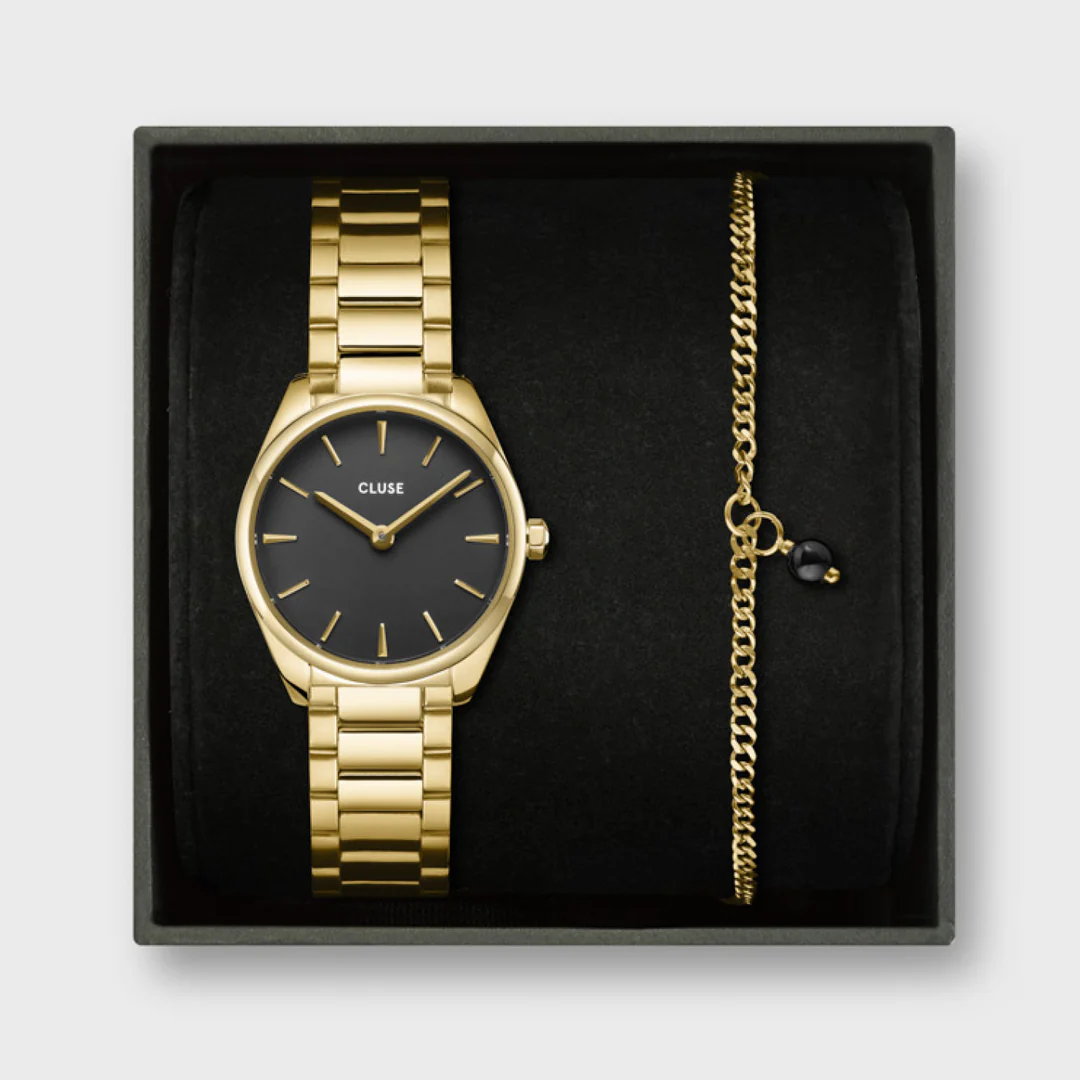 Gift Box Féroce Mini Watch Steel, Black & Chain Bracelet, Gold Colour