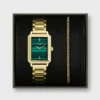 Gift Box Fluette Watch Steel, Green & Round Chain Bracelet, Gold Colour1