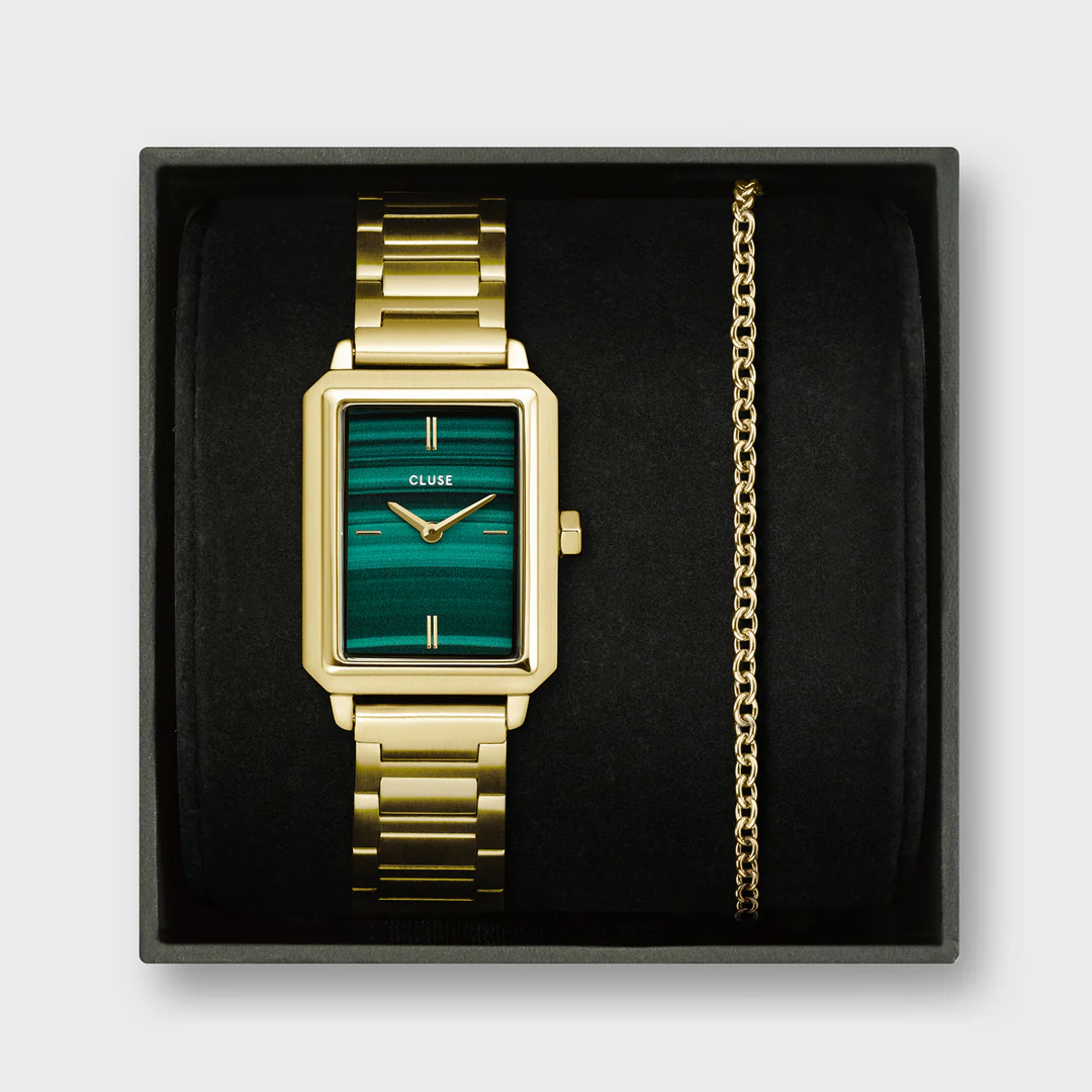 Gift Box Fluette Watch Steel, Green & Round Chain Bracelet, Gold Colour1