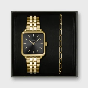 Gift Box La Tétragone Watch Steel, Black & Paperclip Chain Bracelet, Gold Colour