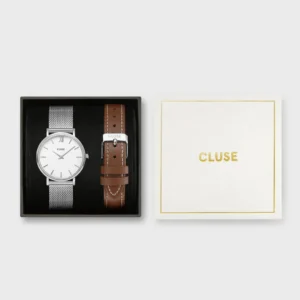 Gift Box Minuit Watch Mesh, Silver Colour & Brown Leather Strap