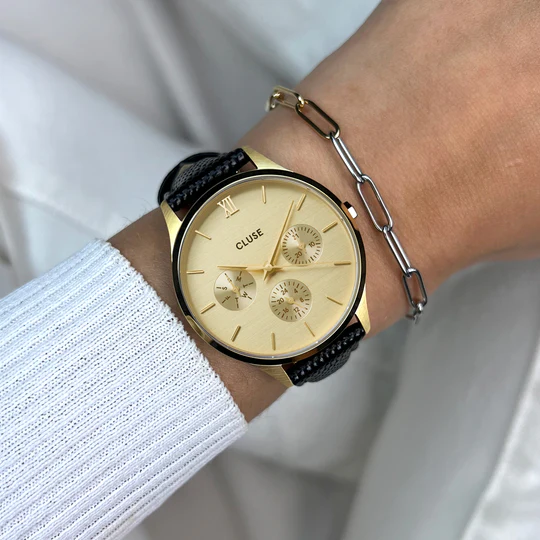 Minuit Multifunction Watch Leather, Black Lizard, Gold Colour1