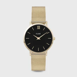 Minuit Watch Mesh, Black, Gold Colour