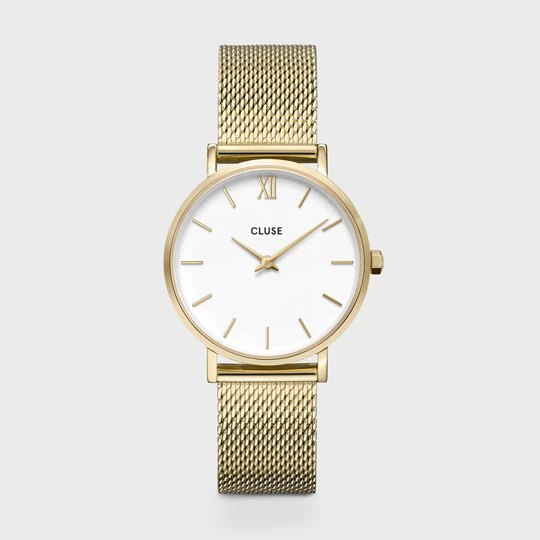 Minuit Watch Mesh, White, Gold Colour